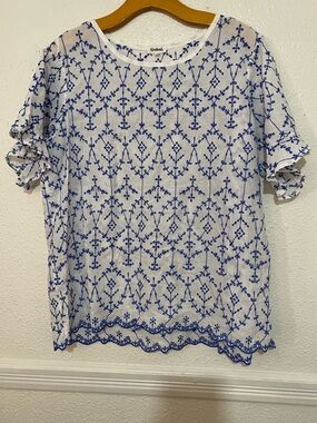 Kindred Eyelet Blue and White Blouse 2x White Eyelet Embroidered Short